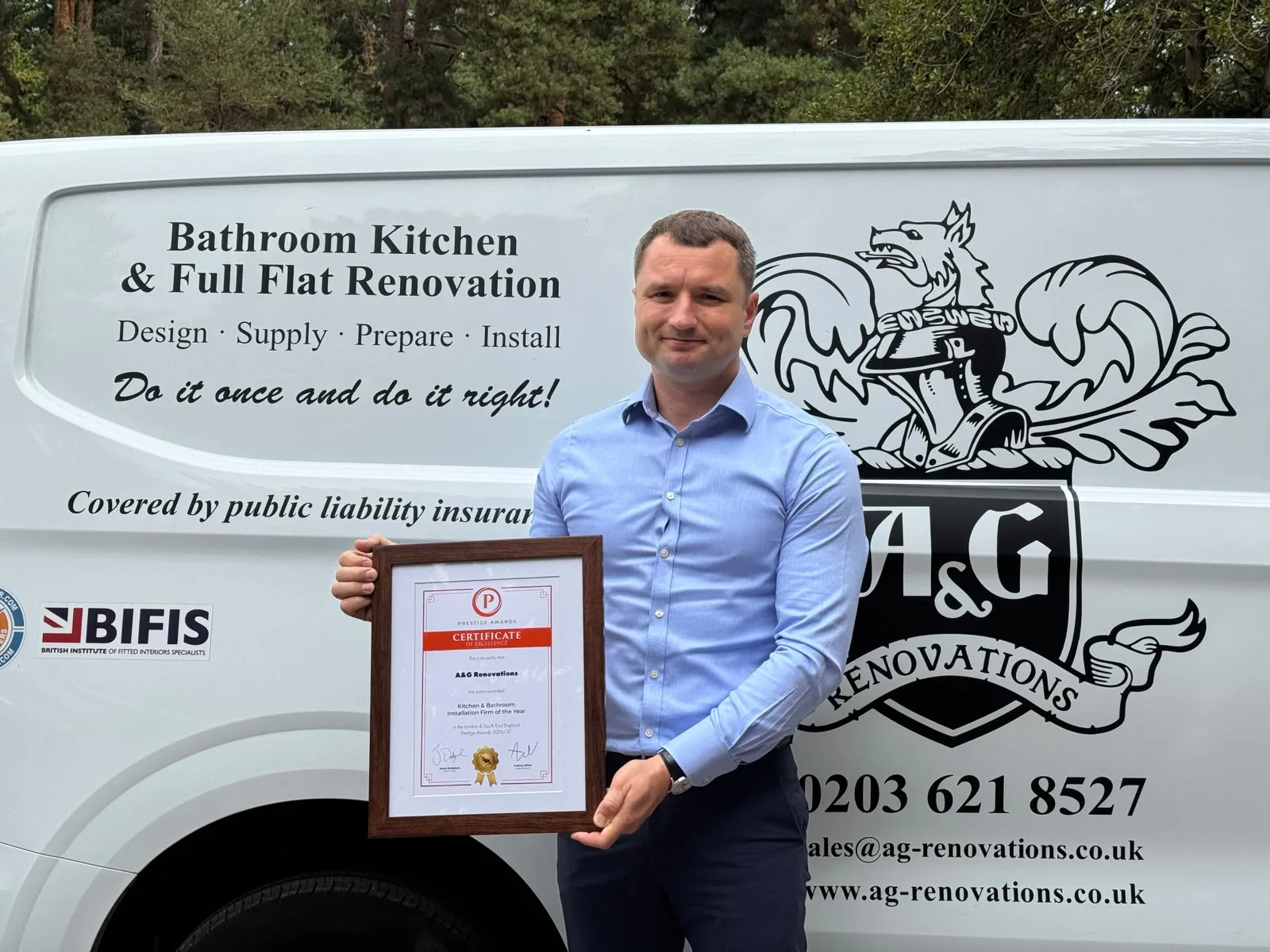 Andrius Grisanovas holding the Prestige Awards Certificate of Excellence for Kitchen and Bathroom Installation Firm of the Year, London and South East England 2026/27